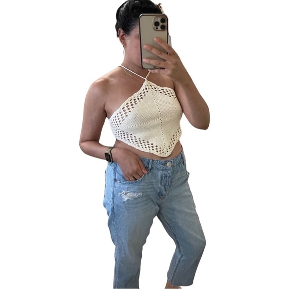 MINKPINK Revolve Cropped Halter Crochet Top White Small - Picture 2 of 3